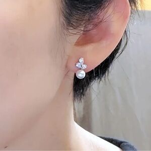 Elegant Pearl & CZ Cluster Stud Earrings – Classic Bridal Drop Design